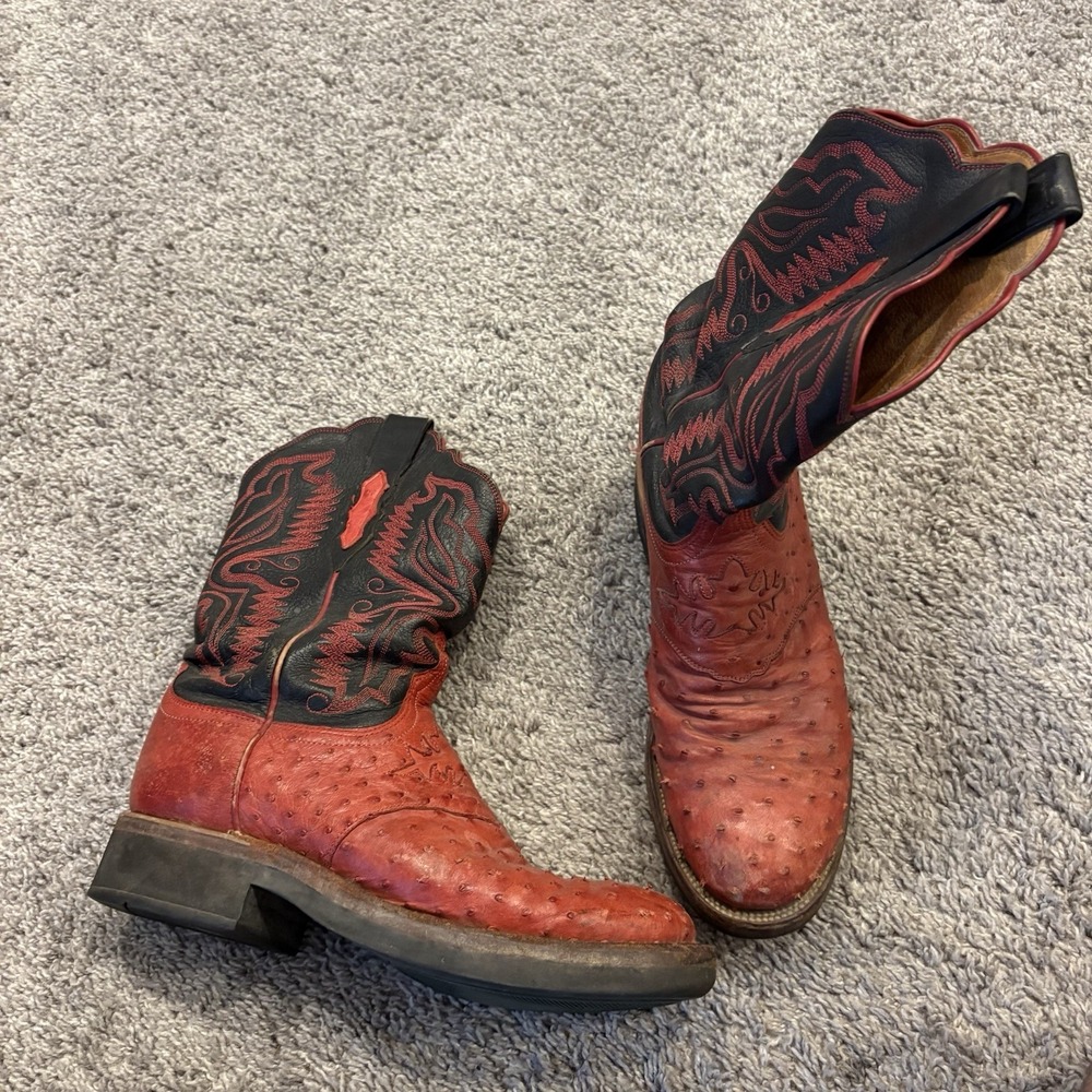 MEN'S LUCCHESE CLASSICS FULL QUILL OSTRICH BOOTS RARE RED COLOR ROUND MENS 10 B